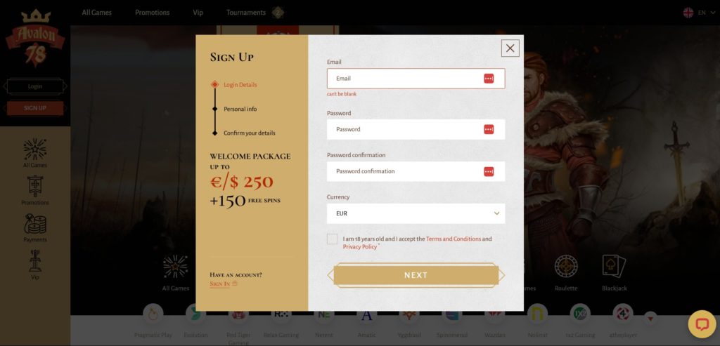 Avalon78 Online Casino Sign Up Form